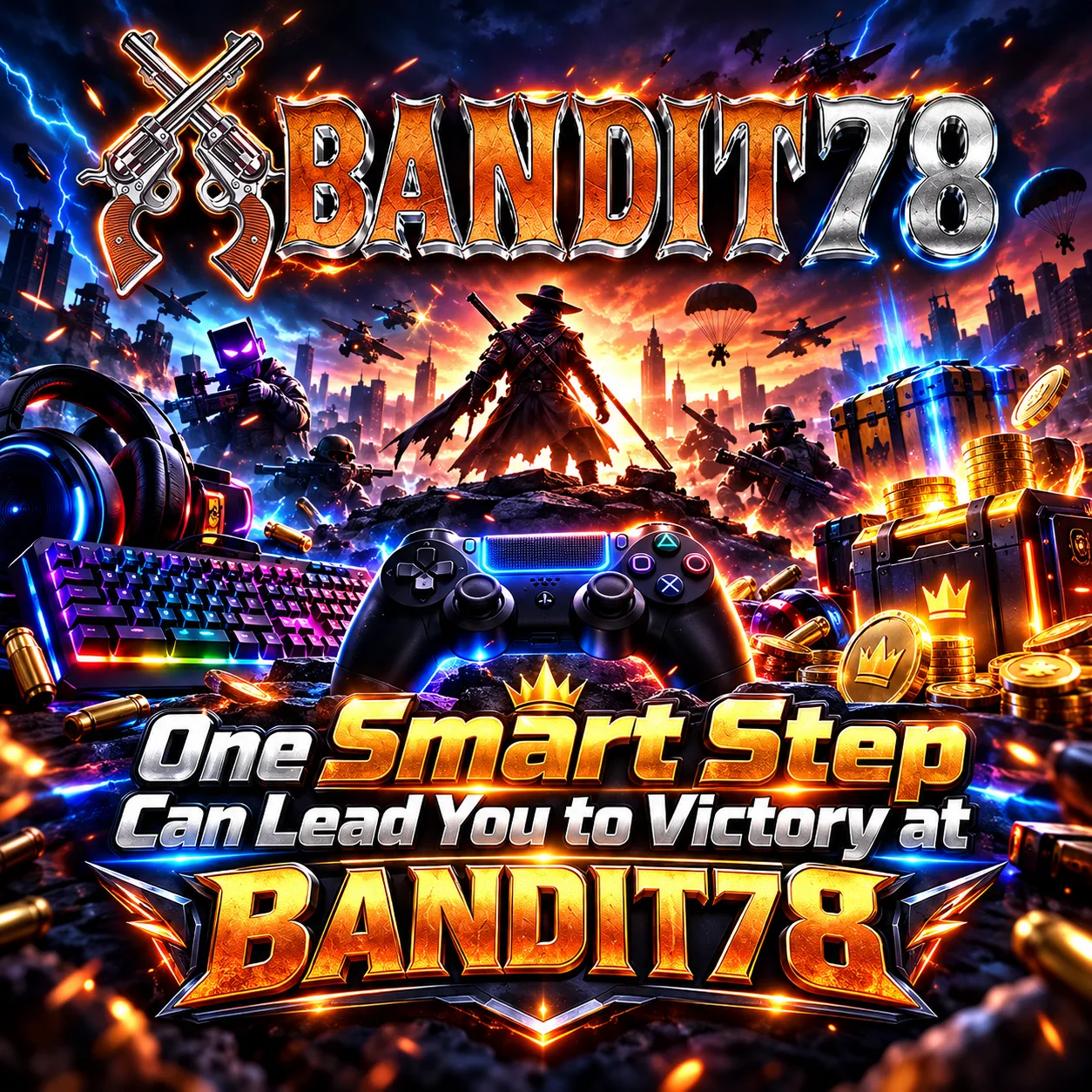 Banner futuristik BANDIT78 dengan robot singa dan gamer
