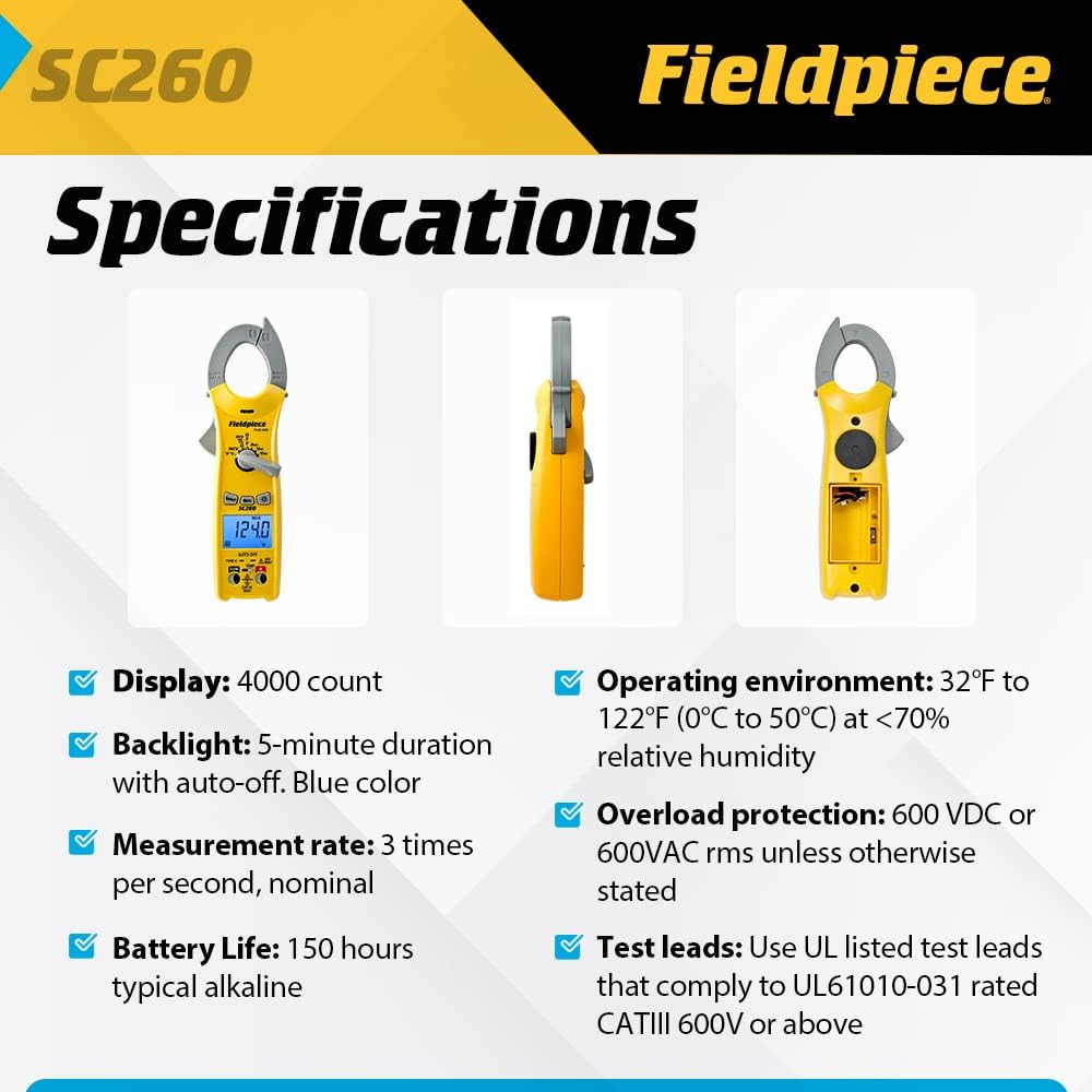 Fieldpiece Compact HVACR Clamp Multimeter SC260 – True RMS Clamp Meter with Temperature, Capacitance & Backlight | True RMS Multimeter with Temperature, Capacitance and Backlight - Image 3